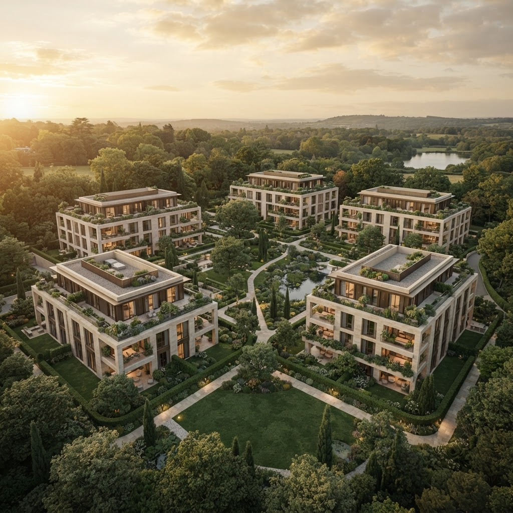 Luchtperspectief van de zes gebouwen van Mayfair Gardens omgeven door aangelegde tuinen