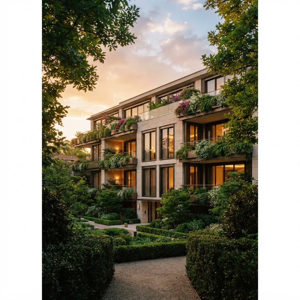 Residences van Mayfair Gardens in Pipera bij avondlicht, met beplante balkons omlijst door bomen