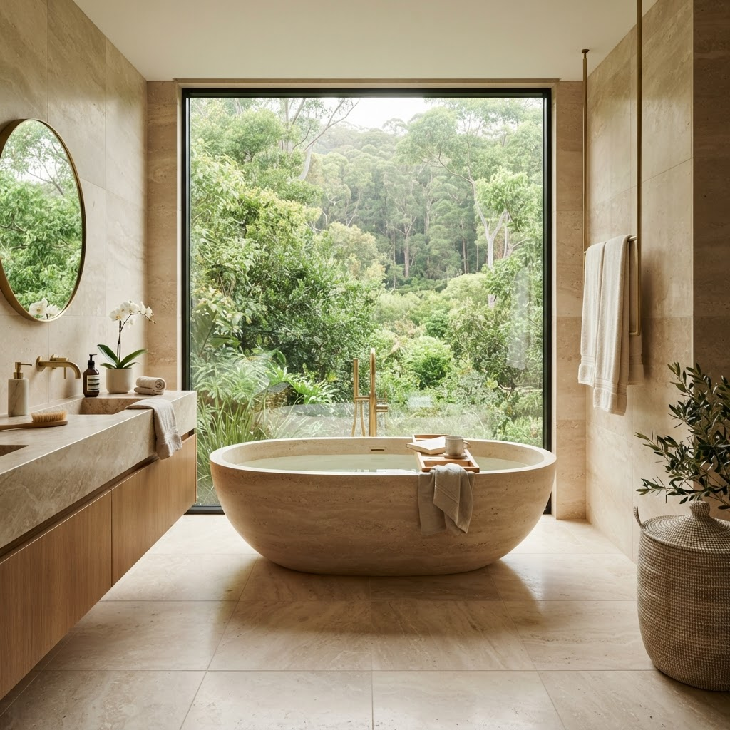 Travertijn- en marmeroppervlakken met messing Gessi-kranen, Porcelanosa en Marazzi.