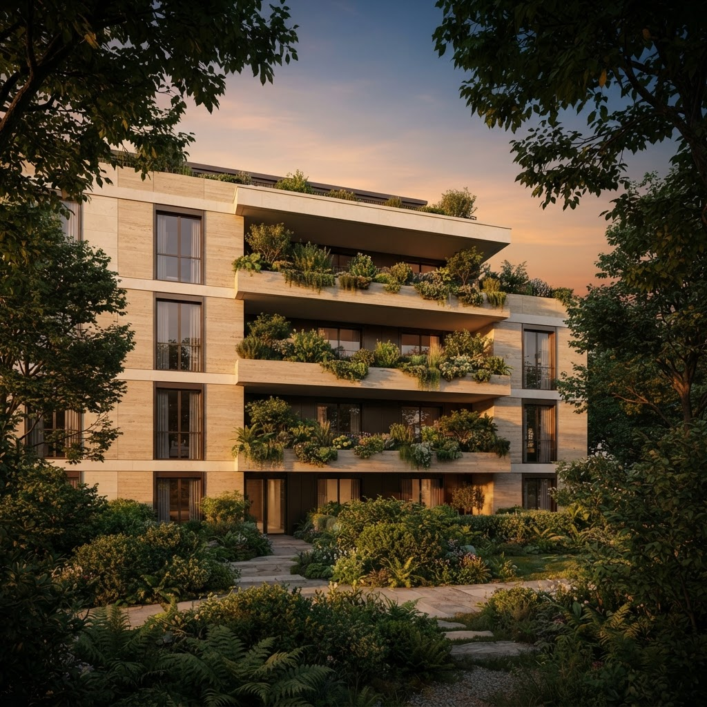 Wohnarchitektur von Mayfair Gardens in Pipera, Bukarest, im Abendlicht